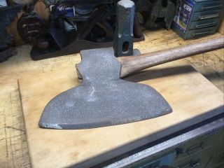 Antique 12 - 1/2” Broad Head Hewing Axe With Handle