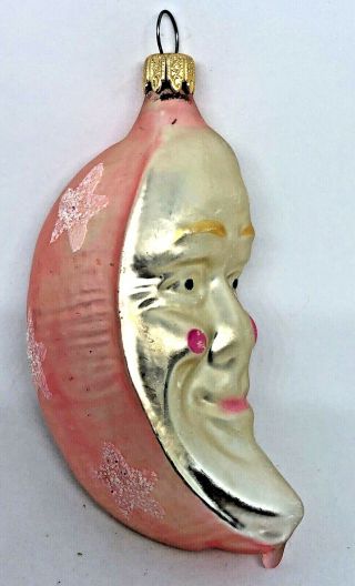 Gorgeous Vintage Figural Man In The Moon Cresent Glass Pink & Silver Ornament