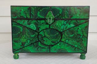 Faux Malachite Wood Box Jewelry Document French Russian Empire Large Casket Verd