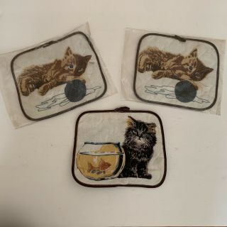 3 Vintage Cat Kitten Potholders Old Stock Korea Magnetic