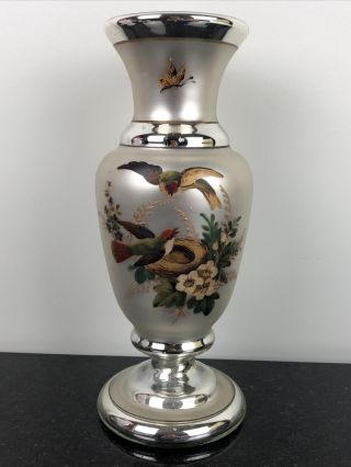 Antique Victorian Silver Mercury Glass Vase Birds Nest Butterfly Hand Painted