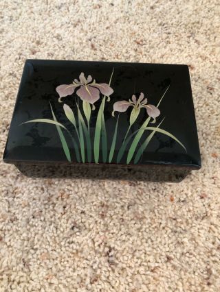 Black Lacquer Mid Century Modern Small Vintage Jewelry Box With Iris Flower Grb2