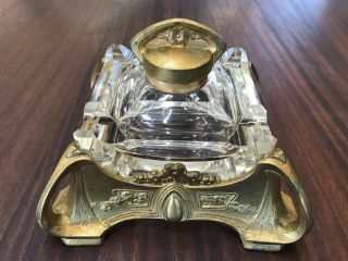 Fine Antique French Gold Gilt Art Nouveau Inkwell Cut Crystal Glass Floral Deco