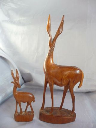 Vintage Retro Wooden Antelope Stag Deer Pair Adult & Baby Wood Carved