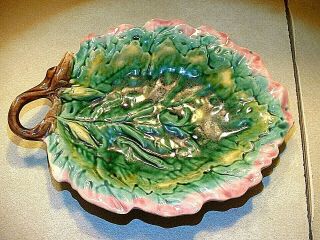 Antique Griffin Smith Hill 19thc Etruscan Majolica Pottery Leaf Platter