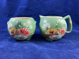 Vintage Green Ransburg Pottery Creamer And Sugar Bowl Hand Painted Flowers