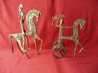 Midcentury Modern 2 Frederick Weinburg Style Brass Etruscan Horse Chariot Athena
