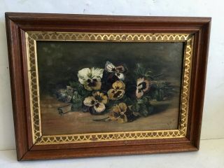 Signed E.  M.  M.  Antique Victorian Oil Painting Pansies Purple Yellow Ornate Frame