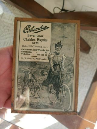 Columbia Bevel - Gear Chainless Bicycles Pope Mfg Co.  Vintage Glass Ad 1898?