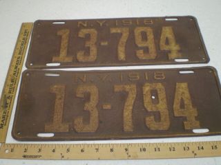 1918 18 York Ny License Plate Pair Set Yom Pr Empire State 13 - 794