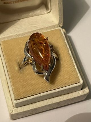 Vintage 2007 Sterling Silver & Baltic Amber Solitaire Dress Ring Size O