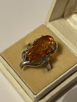Vintage 2007 Sterling Silver & Baltic Amber Solitaire Dress Ring Size O 2