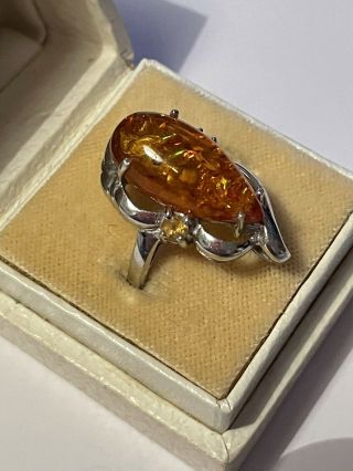Vintage 2007 Sterling Silver & Baltic Amber Solitaire Dress Ring Size O 3