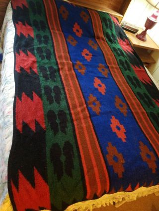 Vtg Blue Black Twin Sz Bed Navajo Feather Biederlack Stadium Throw Blanket Usa
