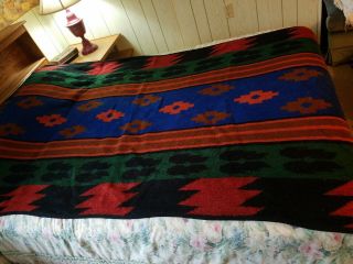 Vtg Blue Black Twin sz Bed Navajo Feather Biederlack Stadium Throw Blanket USA 2