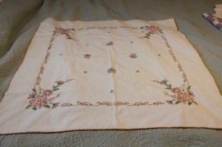 Vintage Embroidered Bridge Tablecloth W/ Pink Yellow & Brown Flowers 30x30