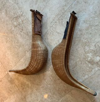 Antique Large Pair Jai Alai Xistera Wicker Scoop For Game With Leather