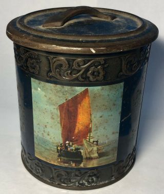 Vintage Western Germany Sailboat Metal Navy Blue Tin Container & Lid