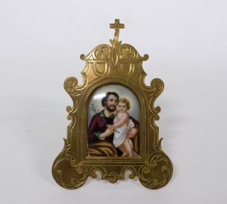 Antique Painting On Porcelain Plaque Of Josef & Jesus In Neo Gothic Bronze Frame