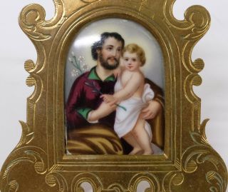 Antique Painting on Porcelain Plaque of Josef & Jesus in Neo Gothic Bronze Frame 2