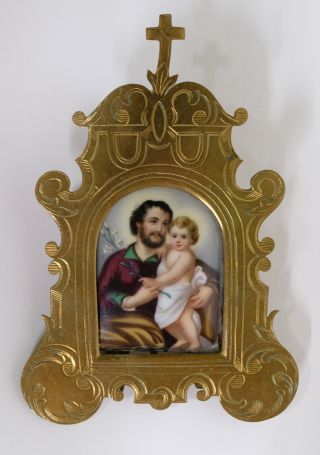 Antique Painting on Porcelain Plaque of Josef & Jesus in Neo Gothic Bronze Frame 3