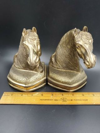 Vintage Brass Metal Horse Head Bookends Paper Weights Equestrian Animal MCM 3