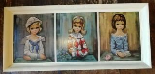 Vintage Kitsch Mid Century Framed Eden Big Eyed Girls Triptych Art Litho Print