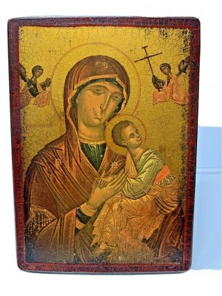 Glorious Antique Hand Painted Russian Icon Of Mother Of God Virgin Mary Jesus