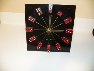 Vintage Las Vegas Dice Clock Black With Red Lucite Dice Gold Hands Keeps Time