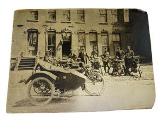 Vintage Black And White Photo Indian Motorcycle With Side Car And Canopy 1917