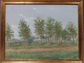 Antique American School Landscape Oil On Canvas With Gold Leaf Wood Frame