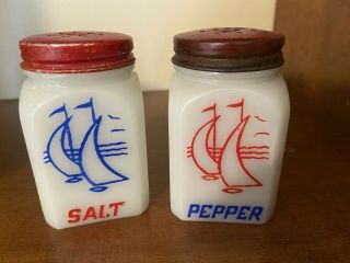 Vintage Hazel Atlas Milk Glass Sailboat Salt & Pepper Shakers W/ Lids.