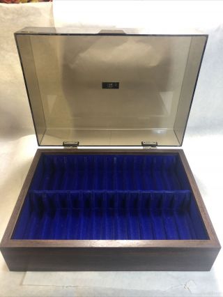 Vtg Cassette Storage Box Faux Wood Smoked Plastic Lid - Holds 26 Cassette Tapes.