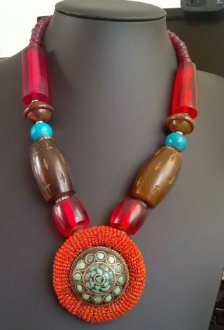 Vintage Ethnic Tribal Large Beaded Handmade Tibetian Necklace Blue Red Metal