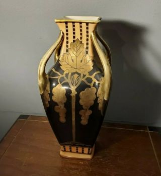 Old Noritake Hand Painted Porcelain Black/gold Vase W/ Grape Vines Antique