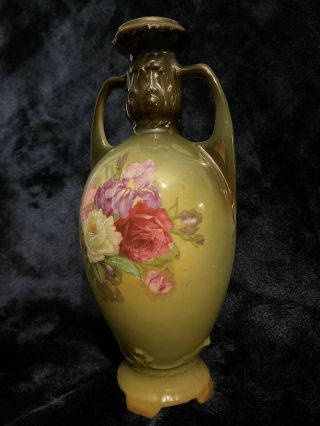 Vintage Rh Royal Wettina Austria Porcelain Vase Hand Painted Olive Green W Roses