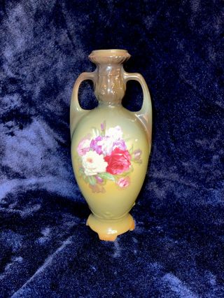 Vintage RH Royal Wettina Austria Porcelain Vase Hand Painted Olive Green w Roses 2