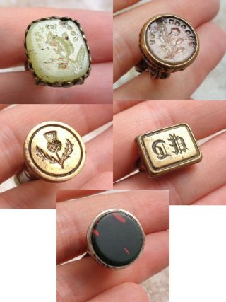 Five Antique Metal Intaglio Seal Fobs With Mottos.