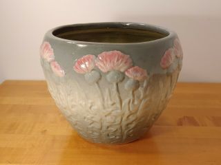 Antique Weller Pottery Large Jardiniere Planter Vase W/ Embossed Pink Flowers