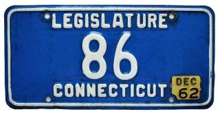 Connecticut 1962 Legislature License Plate,  Low Number 86,  Political Government