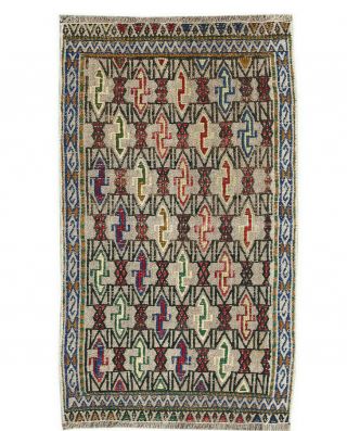 2x3 Handmade Vintage Oriental Geometric Turkish Wool Small Area Rug