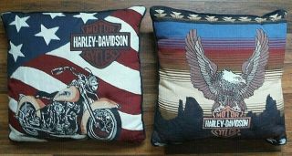 Vtg Set Of 2 Harley Davidson Tapestry Throw Pillows Motorcycle Eagle Usa