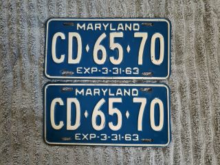 Gr8 1963 Maryland Pair License Plate Tag Number Cd 65 70 Vintage Md