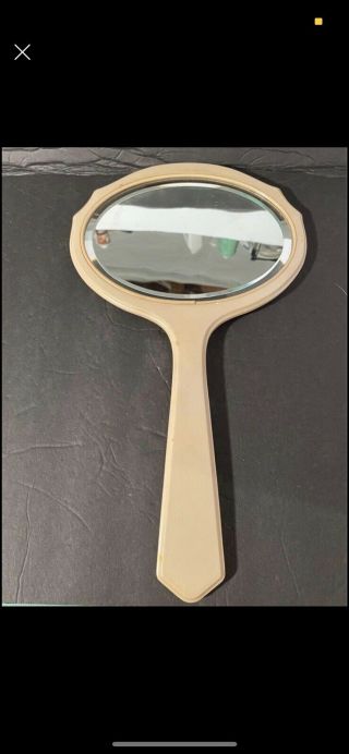 Vintage Celluloid Hand Held Vanity Mirror Beveled