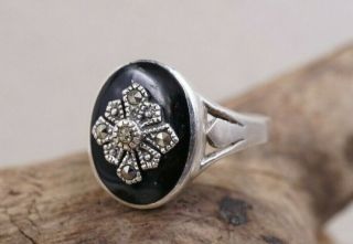 Vintage Signed Mr 925 Sterling Silver Onyx & Marcasite Ring Sz 8