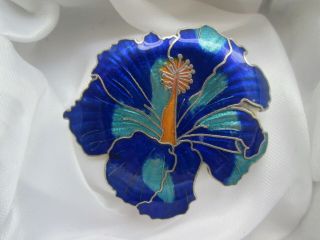Vintage Sapphire Turquoise Cloisonne Enamel Orchid Frilly Flower Brooch Pin