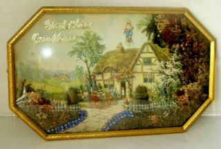 Antique " God Bless Our Home " Framed Print Hanging Convex Glass Dried Flower