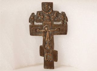 Antique Russian Orthodox Bronze Cross/cruicifix Travel Icon C.  1800s