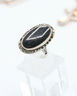 Vintage 1940s Sterling Silver And Black Onyx Ring With Marcasite