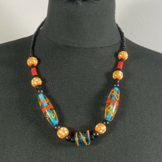Vintage Art Glass Necklace Collar Length Trade Beads Floral Wooden Ethnic Boho